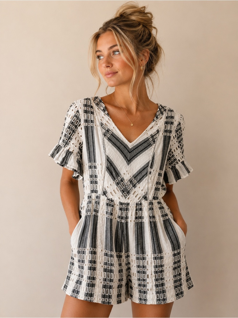 Anthropologie White and Gray Striped Romper
